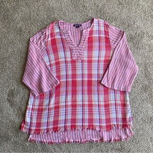 Roaman’s Women’s 30W Pink Plaid Fringe Hem Moorea Gauze V-Neck Tunic